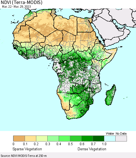 Africa NDVI (Terra-MODIS) Thematic Map For 3/22/2023 - 3/29/2023