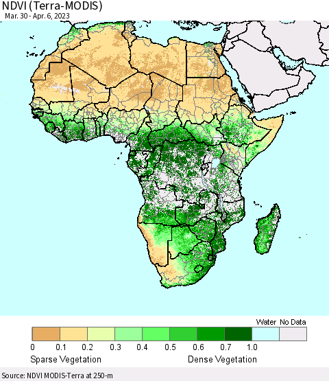 Africa NDVI (Terra-MODIS) Thematic Map For 3/30/2023 - 4/6/2023