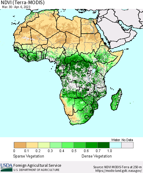 Africa NDVI (Terra-MODIS) Thematic Map For 4/1/2023 - 4/10/2023