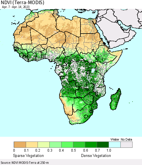 Africa NDVI (Terra-MODIS) Thematic Map For 4/7/2023 - 4/14/2023