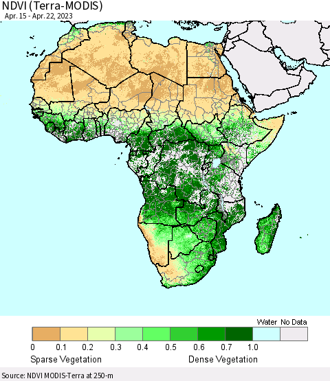 Africa NDVI (Terra-MODIS) Thematic Map For 4/15/2023 - 4/22/2023