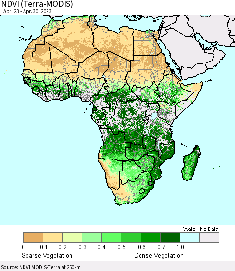 Africa NDVI (Terra-MODIS) Thematic Map For 4/23/2023 - 4/30/2023