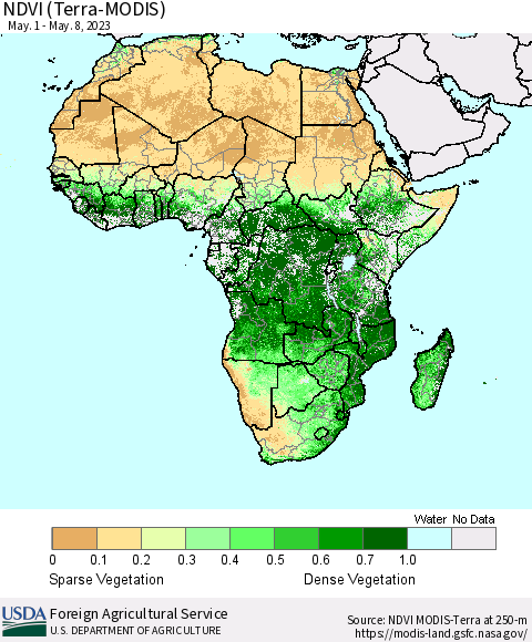 Africa NDVI (Terra-MODIS) Thematic Map For 5/1/2023 - 5/10/2023