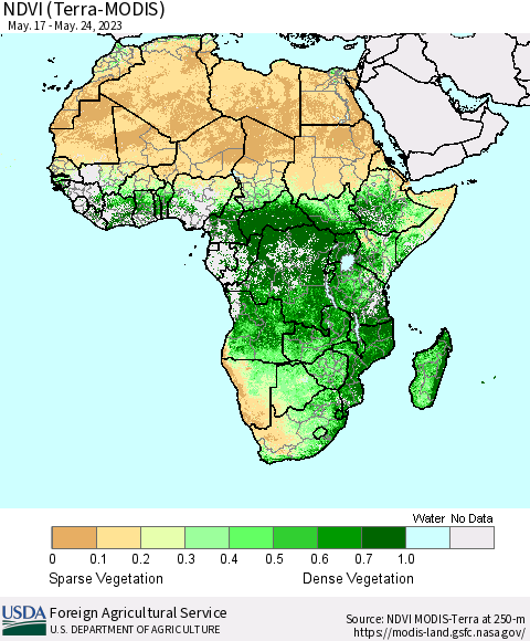 Africa NDVI (Terra-MODIS) Thematic Map For 5/21/2023 - 5/31/2023