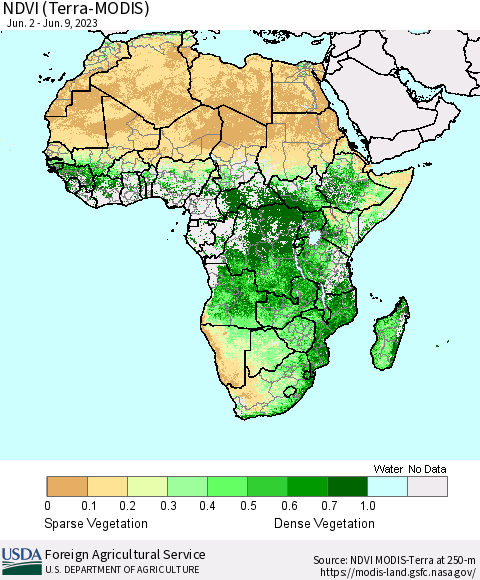 Africa NDVI (Terra-MODIS) Thematic Map For 6/1/2023 - 6/10/2023
