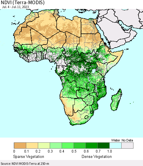 Africa NDVI (Terra-MODIS) Thematic Map For 7/4/2023 - 7/11/2023