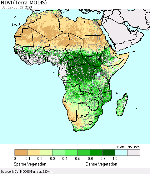 Africa NDVI (Terra-MODIS) Thematic Map For 7/12/2023 - 7/19/2023