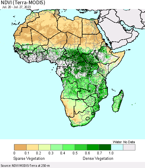 Africa NDVI (Terra-MODIS) Thematic Map For 7/20/2023 - 7/27/2023