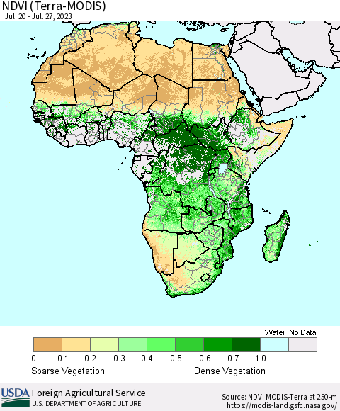 Africa NDVI (Terra-MODIS) Thematic Map For 7/21/2023 - 7/31/2023