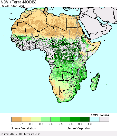Africa NDVI (Terra-MODIS) Thematic Map For 7/28/2023 - 8/4/2023