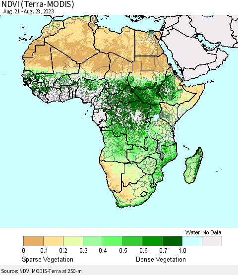 Africa NDVI (Terra-MODIS) Thematic Map For 8/21/2023 - 8/28/2023