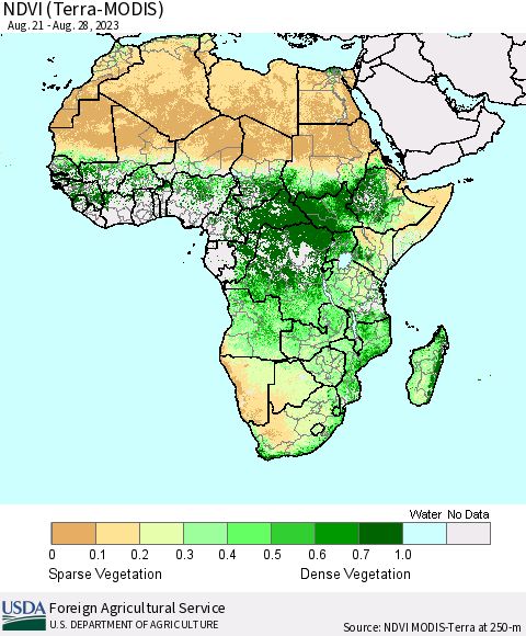 Africa NDVI (Terra-MODIS) Thematic Map For 8/21/2023 - 8/31/2023