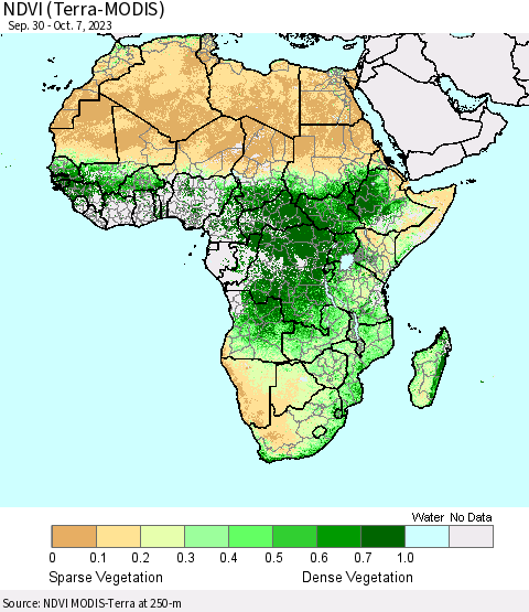 Africa NDVI (Terra-MODIS) Thematic Map For 9/30/2023 - 10/7/2023
