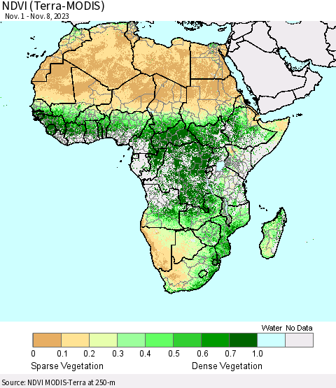 Africa NDVI (Terra-MODIS) Thematic Map For 11/1/2023 - 11/8/2023