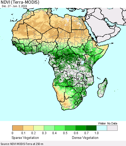 Africa NDVI (Terra-MODIS) Thematic Map For 12/27/2023 - 1/3/2024