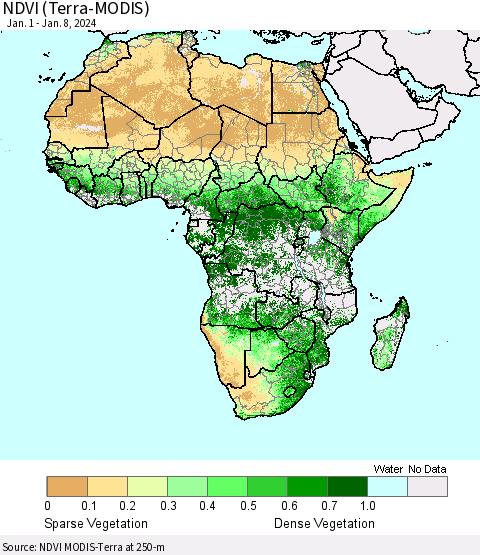 Africa NDVI (Terra-MODIS) Thematic Map For 1/1/2024 - 1/8/2024