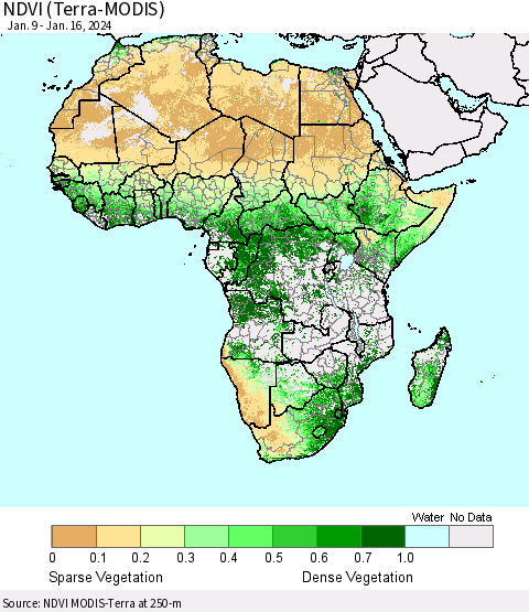 Africa NDVI (Terra-MODIS) Thematic Map For 1/9/2024 - 1/16/2024