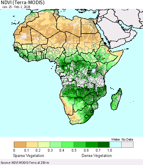 Africa NDVI (Terra-MODIS) Thematic Map For 1/25/2024 - 2/1/2024