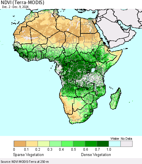 Africa NDVI (Terra-MODIS) Thematic Map For 12/2/2024 - 12/9/2024