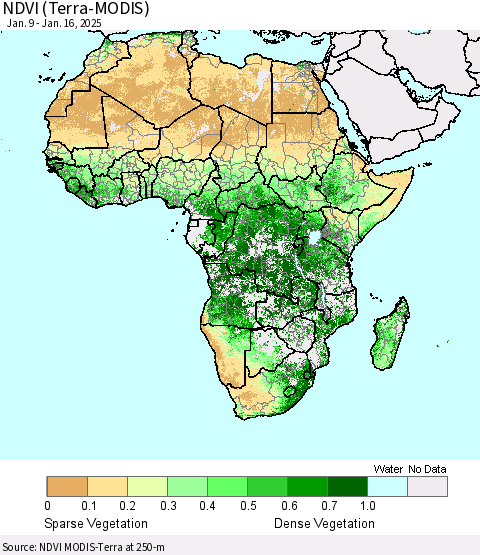 Africa NDVI (Terra-MODIS) Thematic Map For 1/9/2025 - 1/16/2025