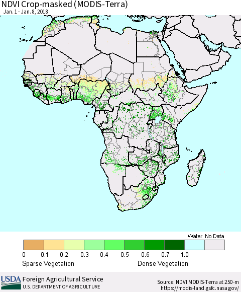 Africa Cropland NDVI (Terra-MODIS) Thematic Map For 1/1/2018 - 1/10/2018