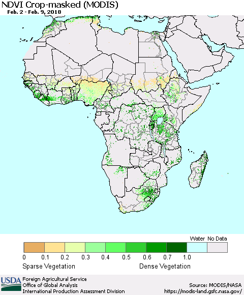Africa Cropland NDVI (Terra-MODIS) Thematic Map For 2/1/2018 - 2/10/2018
