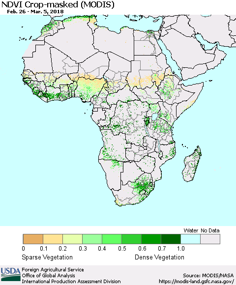 Africa Cropland NDVI (Terra-MODIS) Thematic Map For 3/1/2018 - 3/10/2018