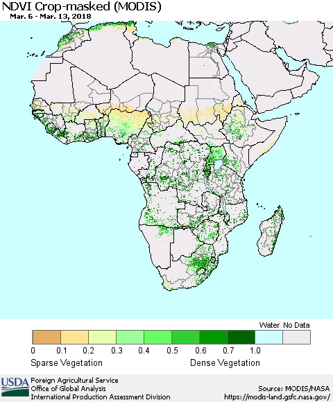 Africa Cropland NDVI (Terra-MODIS) Thematic Map For 3/11/2018 - 3/20/2018