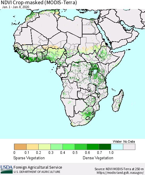 Africa Cropland NDVI (Terra-MODIS) Thematic Map For 1/1/2020 - 1/10/2020