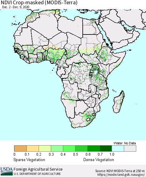 Africa Cropland NDVI (Terra-MODIS) Thematic Map For 12/1/2020 - 12/10/2020