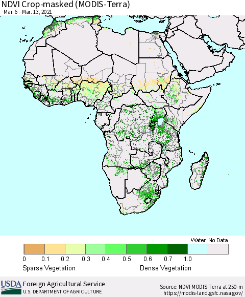 Africa Cropland NDVI (Terra-MODIS) Thematic Map For 3/11/2021 - 3/20/2021