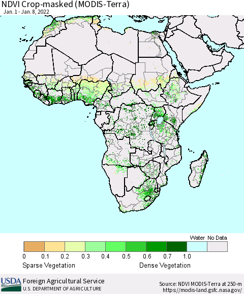 Africa Cropland NDVI (Terra-MODIS) Thematic Map For 1/1/2022 - 1/10/2022