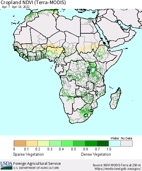 Africa Cropland NDVI (Terra-MODIS) Thematic Map For 4/11/2022 - 4/20/2022