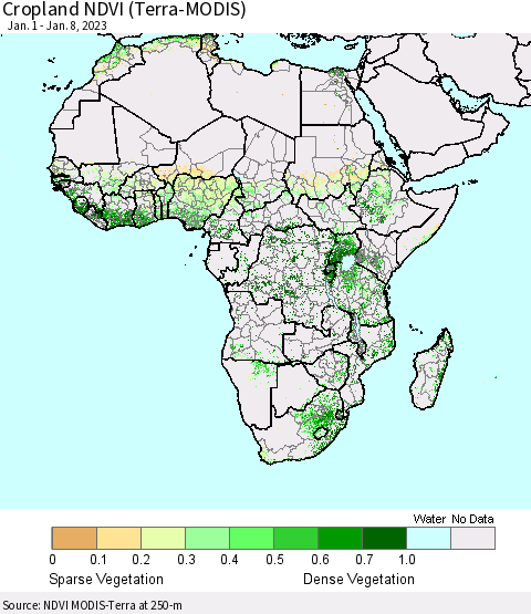 Africa Cropland NDVI (Terra-MODIS) Thematic Map For 1/1/2023 - 1/8/2023
