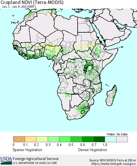 Africa Cropland NDVI (Terra-MODIS) Thematic Map For 1/1/2023 - 1/10/2023