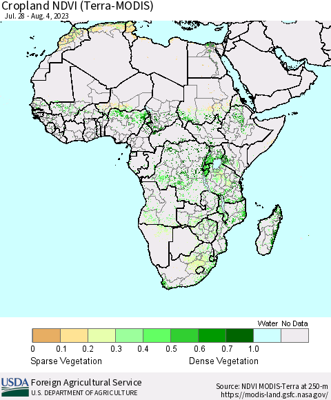 Africa Cropland NDVI (Terra-MODIS) Thematic Map For 8/1/2023 - 8/10/2023