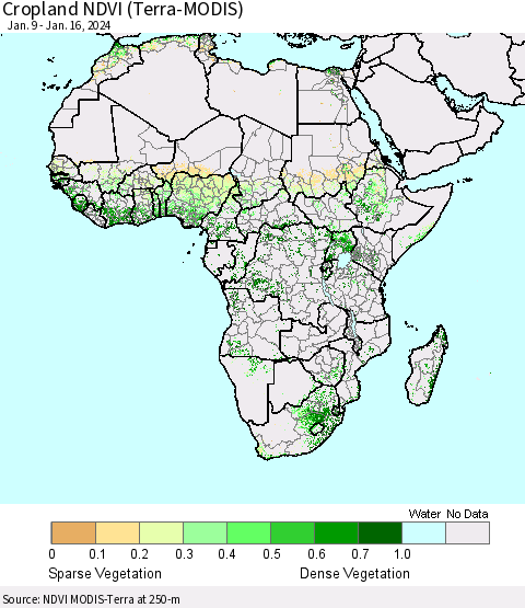 Africa Cropland NDVI (Terra-MODIS) Thematic Map For 1/9/2024 - 1/16/2024