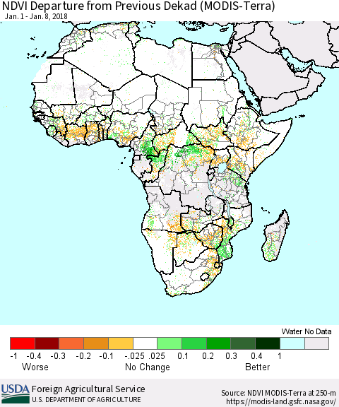 Africa NDVI Departure from Previous Dekad (Terra-MODIS) Thematic Map For 1/1/2018 - 1/10/2018