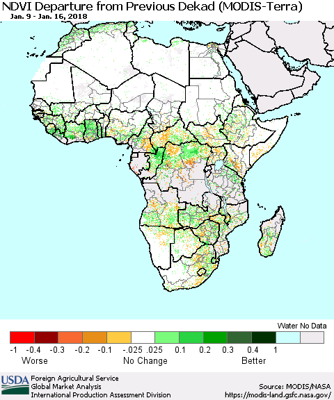 Africa NDVI Departure from Previous Dekad (Terra-MODIS) Thematic Map For 1/11/2018 - 1/20/2018