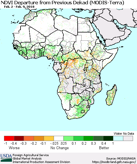 Africa NDVI Departure from Previous Dekad (Terra-MODIS) Thematic Map For 2/1/2018 - 2/10/2018