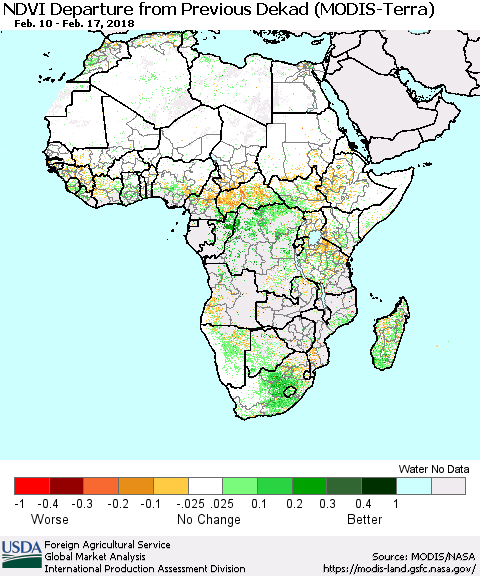 Africa NDVI Departure from Previous Dekad (Terra-MODIS) Thematic Map For 2/11/2018 - 2/20/2018