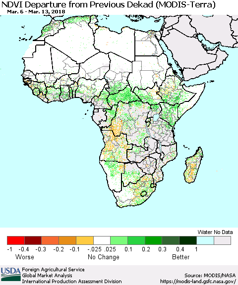 Africa NDVI Departure from Previous Dekad (Terra-MODIS) Thematic Map For 3/11/2018 - 3/20/2018