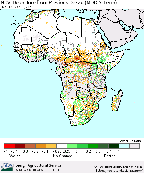 Africa NDVI Departure from Previous Dekad (Terra-MODIS) Thematic Map For 3/11/2020 - 3/20/2020
