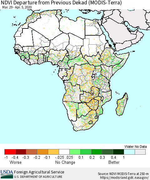 Africa NDVI Departure from Previous Dekad (Terra-MODIS) Thematic Map For 4/1/2020 - 4/10/2020