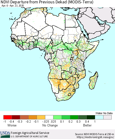 Africa NDVI Departure from Previous Dekad (Terra-MODIS) Thematic Map For 4/11/2020 - 4/20/2020