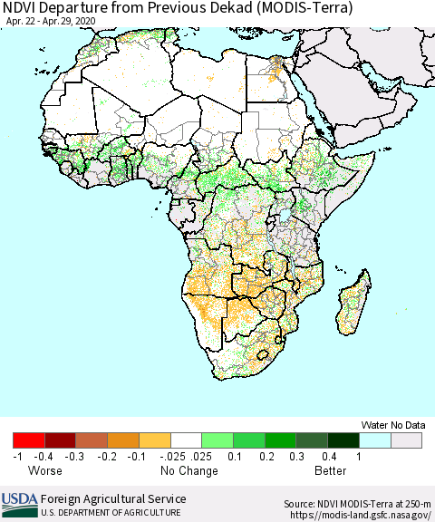 Africa NDVI Departure from Previous Dekad (Terra-MODIS) Thematic Map For 4/21/2020 - 4/30/2020