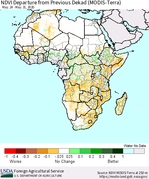 Africa NDVI Departure from Previous Dekad (Terra-MODIS) Thematic Map For 5/21/2020 - 5/31/2020
