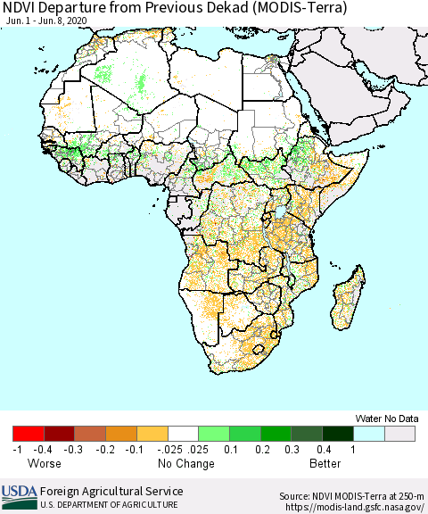 Africa NDVI Departure from Previous Dekad (Terra-MODIS) Thematic Map For 6/1/2020 - 6/10/2020