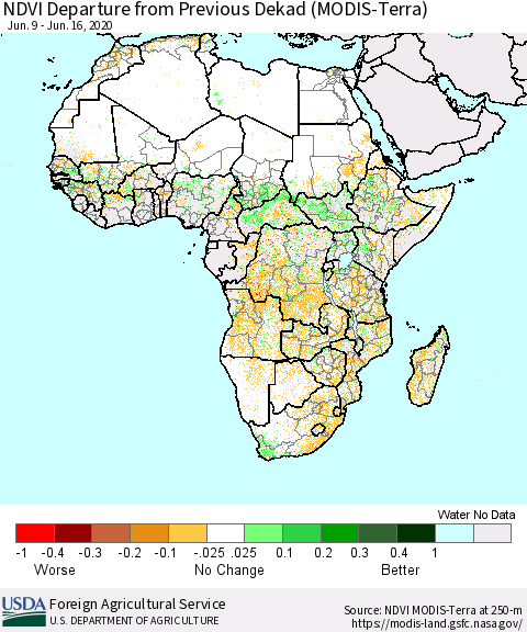 Africa NDVI Departure from Previous Dekad (Terra-MODIS) Thematic Map For 6/11/2020 - 6/20/2020
