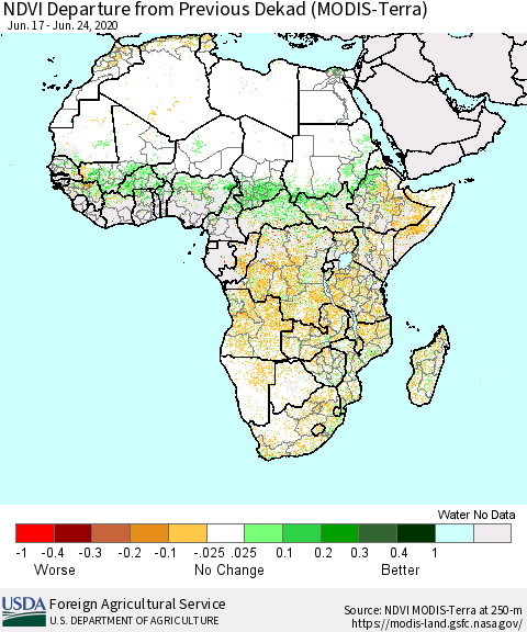 Africa NDVI Departure from Previous Dekad (Terra-MODIS) Thematic Map For 6/21/2020 - 6/30/2020